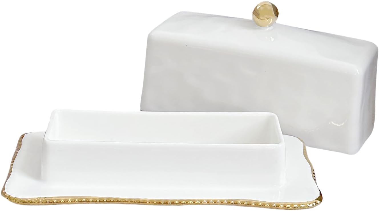HAN SHENG Ceramic Butter Dish with Lid - Airtight Keeper Countertop Storage Container, Fits East West Coast Butter (3.5" & 4.8" Sticks), Elegant White Kitchen Decor & Gift
