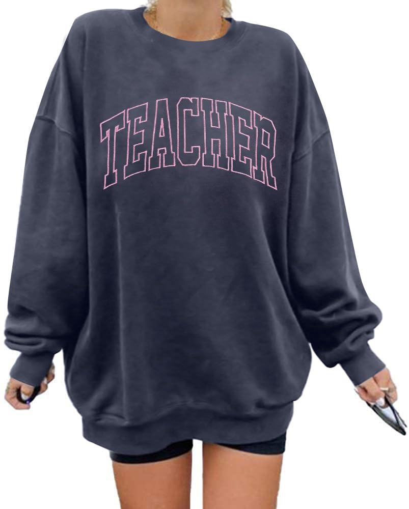 BANGELY Teacher Sweatshirt Women Oversized Retro Teach Crewneck Shirt Embroidery Teacher Life Pullover Long Sleeve Tops