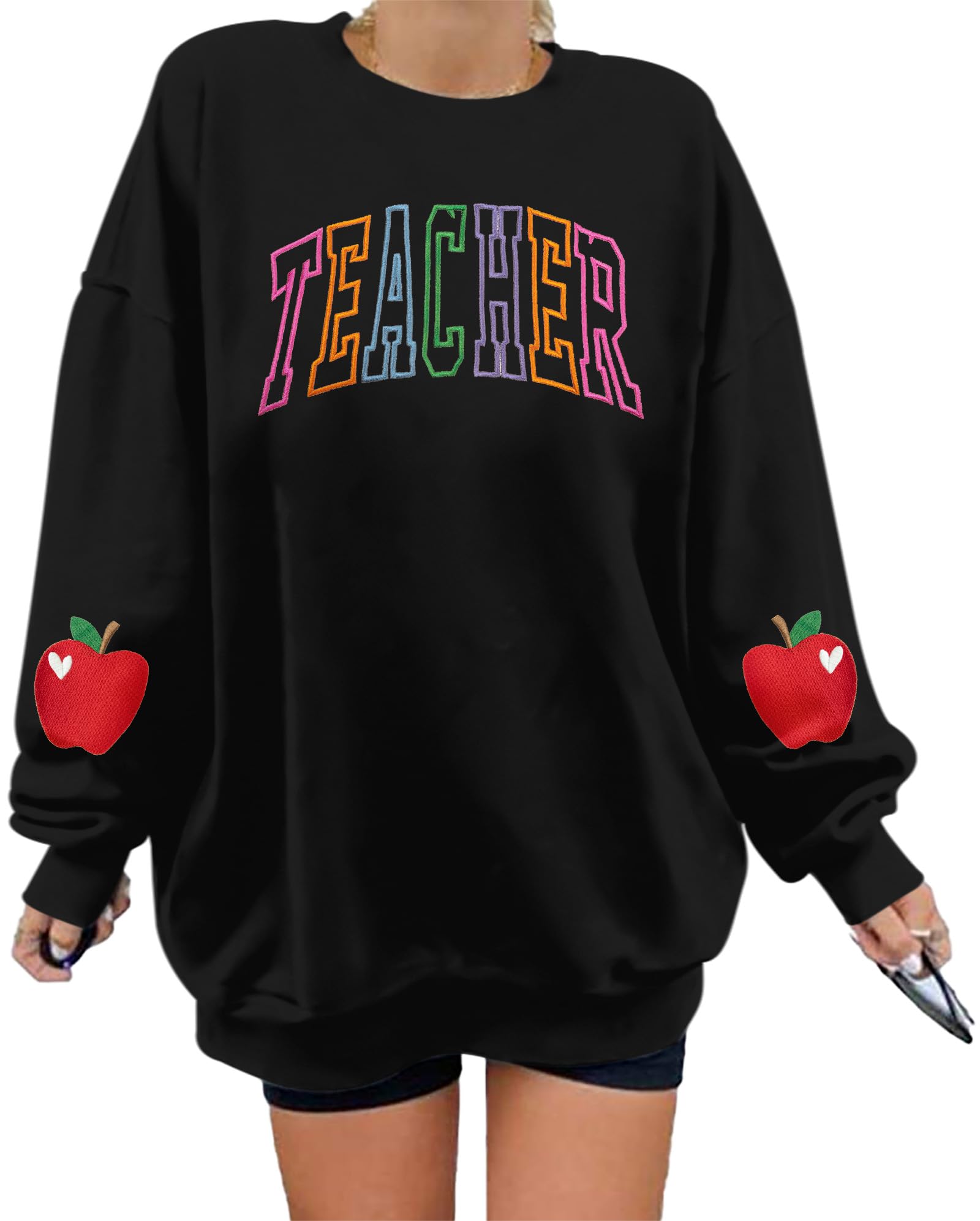 BANGELY Teacher Sweatshirt Women Oversized Retro Teach Crewneck Shirt Embroidery Teacher Life Pullover Long Sleeve Tops