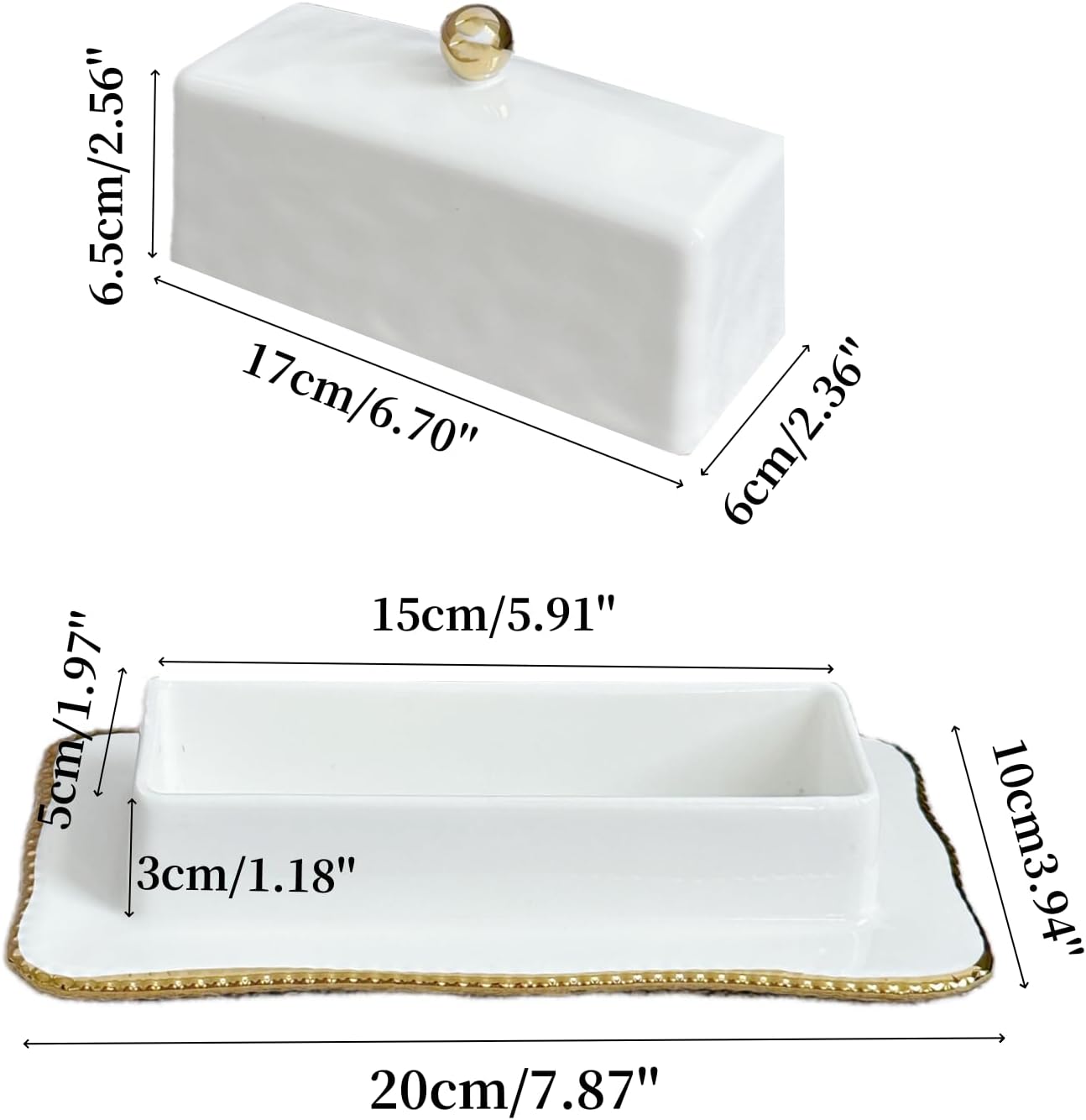 HAN SHENG Ceramic Butter Dish with Lid - Airtight Keeper Countertop Storage Container, Fits East West Coast Butter (3.5" & 4.8" Sticks), Elegant White Kitchen Decor & Gift