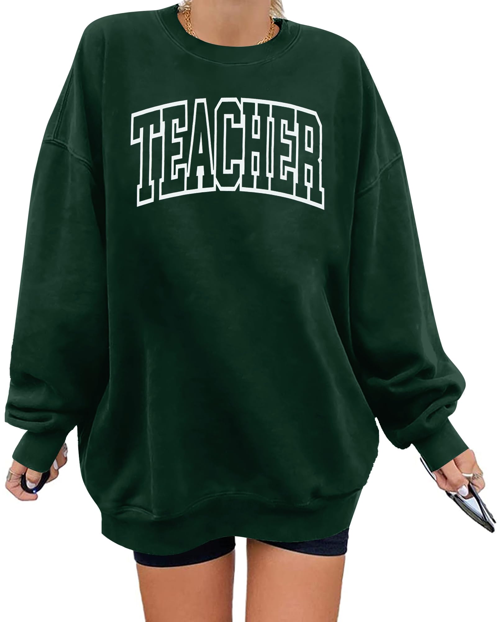 BANGELY Teacher Sweatshirt Women Oversized Retro Teach Crewneck Shirt Embroidery Teacher Life Pullover Long Sleeve Tops