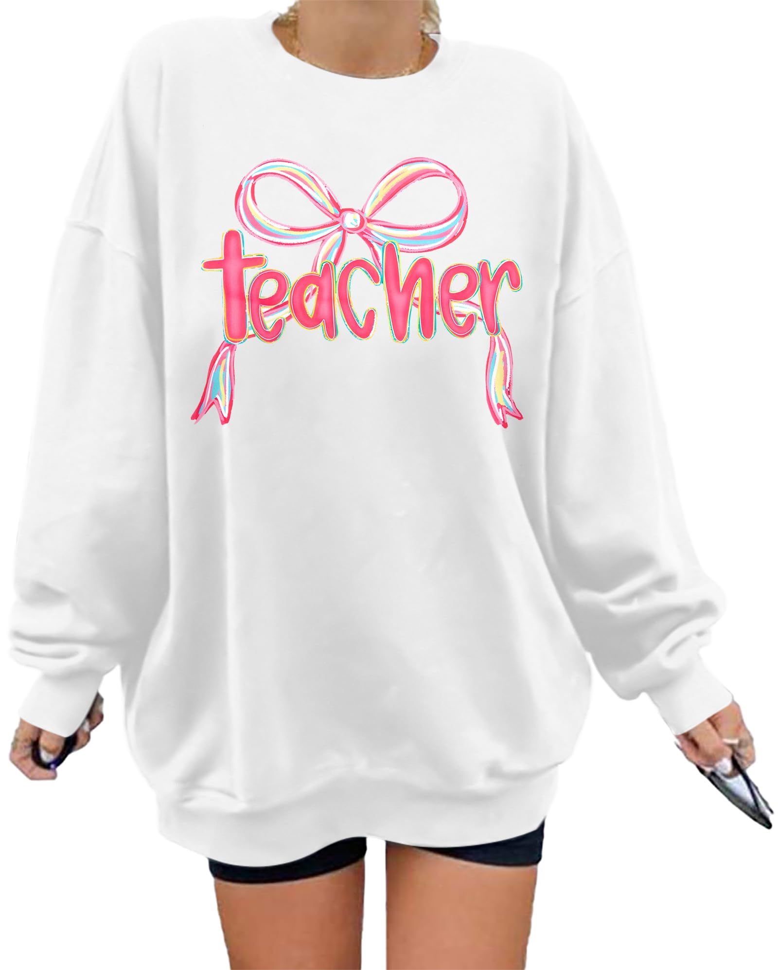 BANGELY Teacher Sweatshirt Women Oversized Retro Teach Crewneck Shirt Embroidery Teacher Life Pullover Long Sleeve Tops