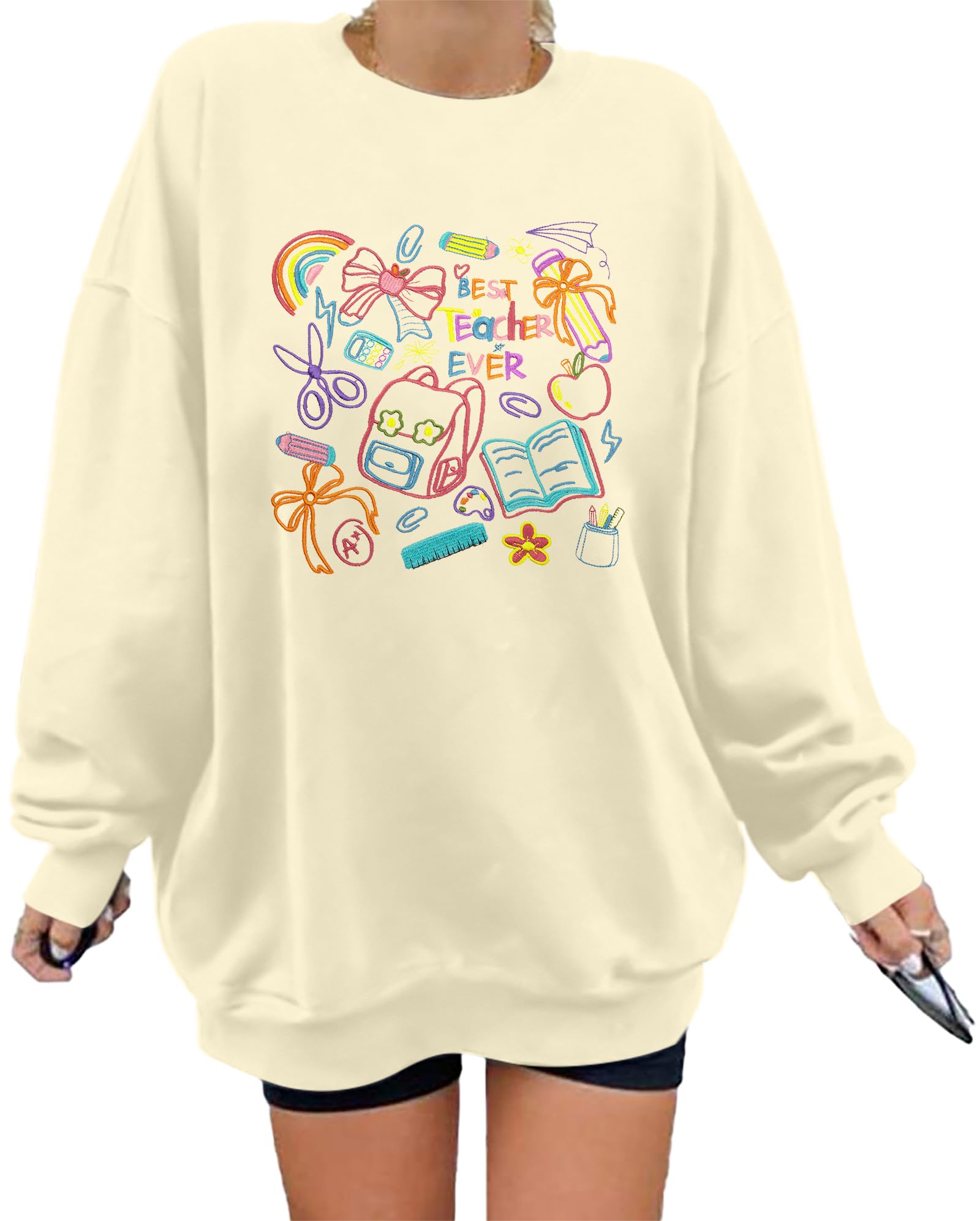 BANGELY Teacher Sweatshirt Women Oversized Retro Teach Crewneck Shirt Embroidery Teacher Life Pullover Long Sleeve Tops