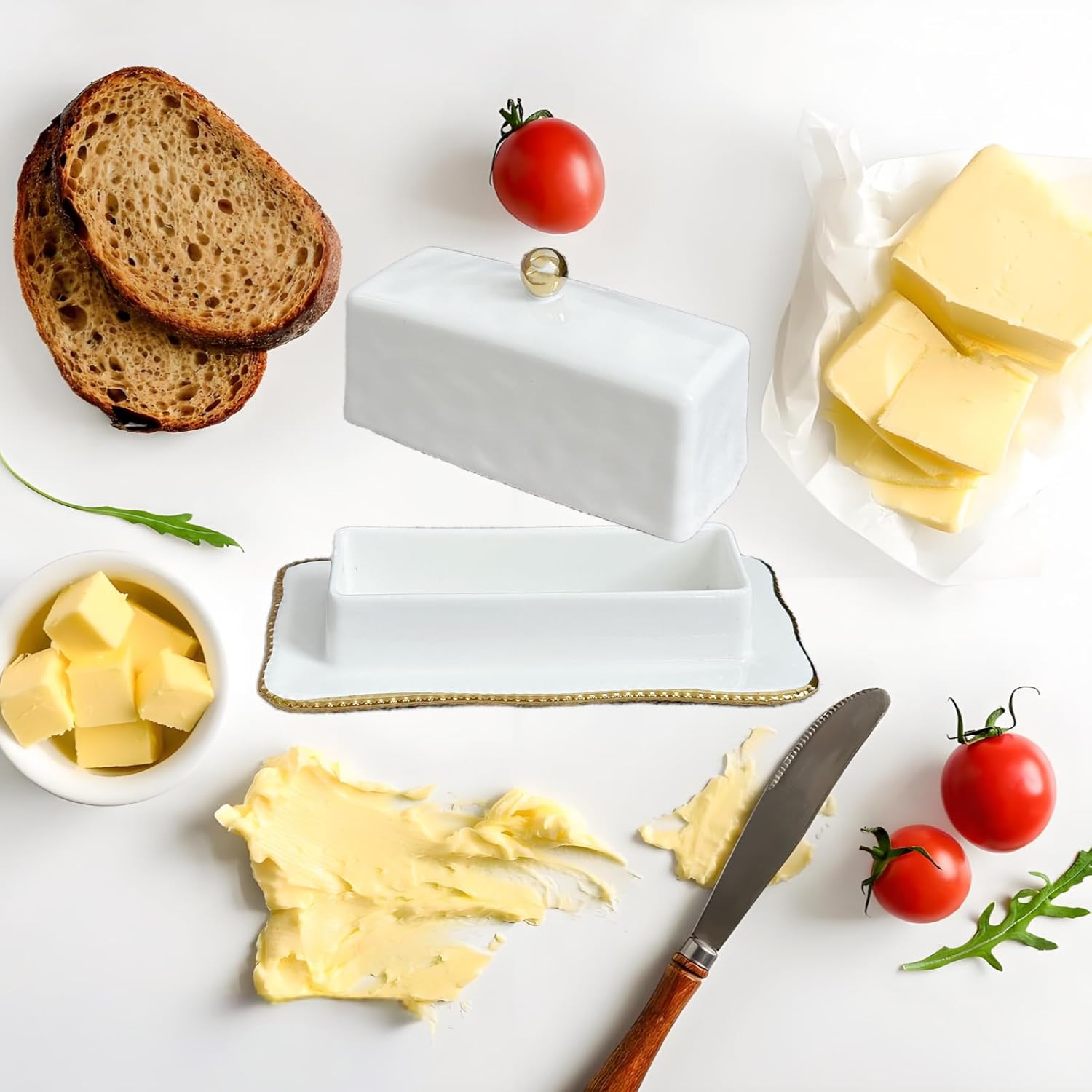 HAN SHENG Ceramic Butter Dish with Lid - Airtight Keeper Countertop Storage Container, Fits East West Coast Butter (3.5" & 4.8" Sticks), Elegant White Kitchen Decor & Gift