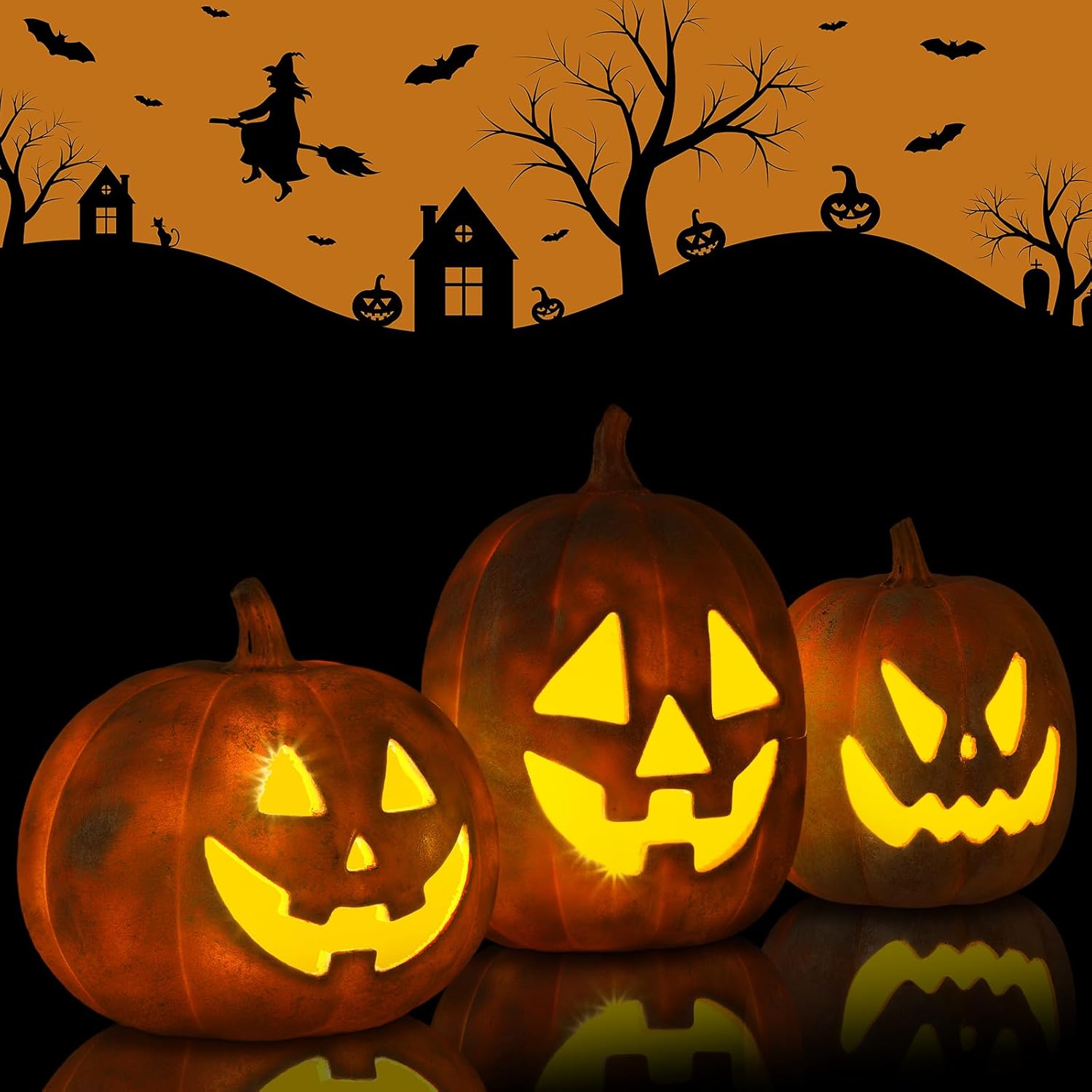 Vicenpal 3 Pcs Terracotta Pumpkin Decorations Light up Halloween Pumpkin Lantern Vintage LED Resin Halloween Lights Decor for Fall Home Porch Front Door Mantel Room Decorations