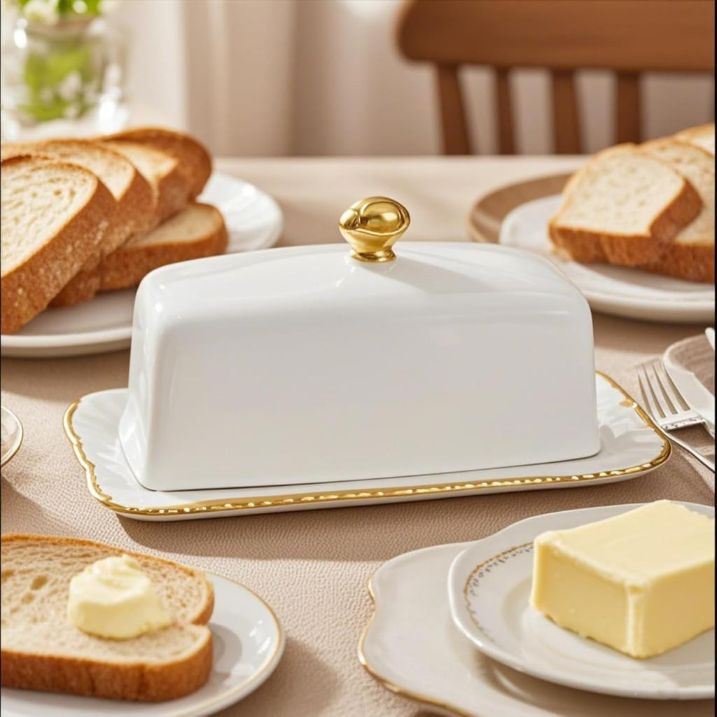 HAN SHENG Ceramic Butter Dish with Lid - Airtight Keeper Countertop Storage Container, Fits East West Coast Butter (3.5" & 4.8" Sticks), Elegant White Kitchen Decor & Gift