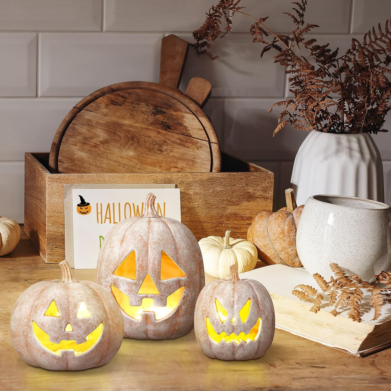 Vicenpal 3 Pcs Terracotta Pumpkin Decorations Light up Halloween Pumpkin Lantern Vintage LED Resin Halloween Lights Decor for Fall Home Porch Front Door Mantel Room Decorations